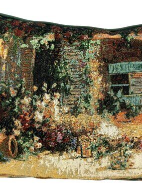La France Vintage Tapestry Pillow Floral Shop Scene 16x12 Made in USA Green